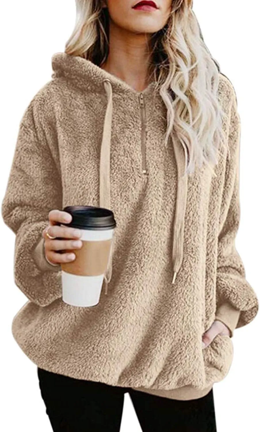 ReachMe Womens Oversized Sherpa Pullover Hoodie with Pockets Fuzzy Fleece Sweatshirt Buffalo Plaid Fluffy Coat