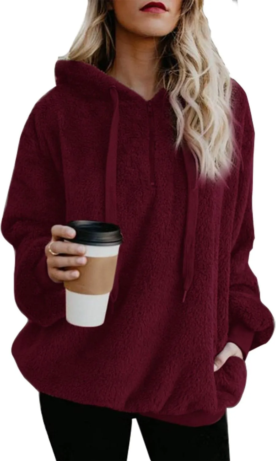 ReachMe Womens Oversized Sherpa Pullover Hoodie with Pockets Fuzzy Fleece Sweatshirt Buffalo Plaid Fluffy Coat