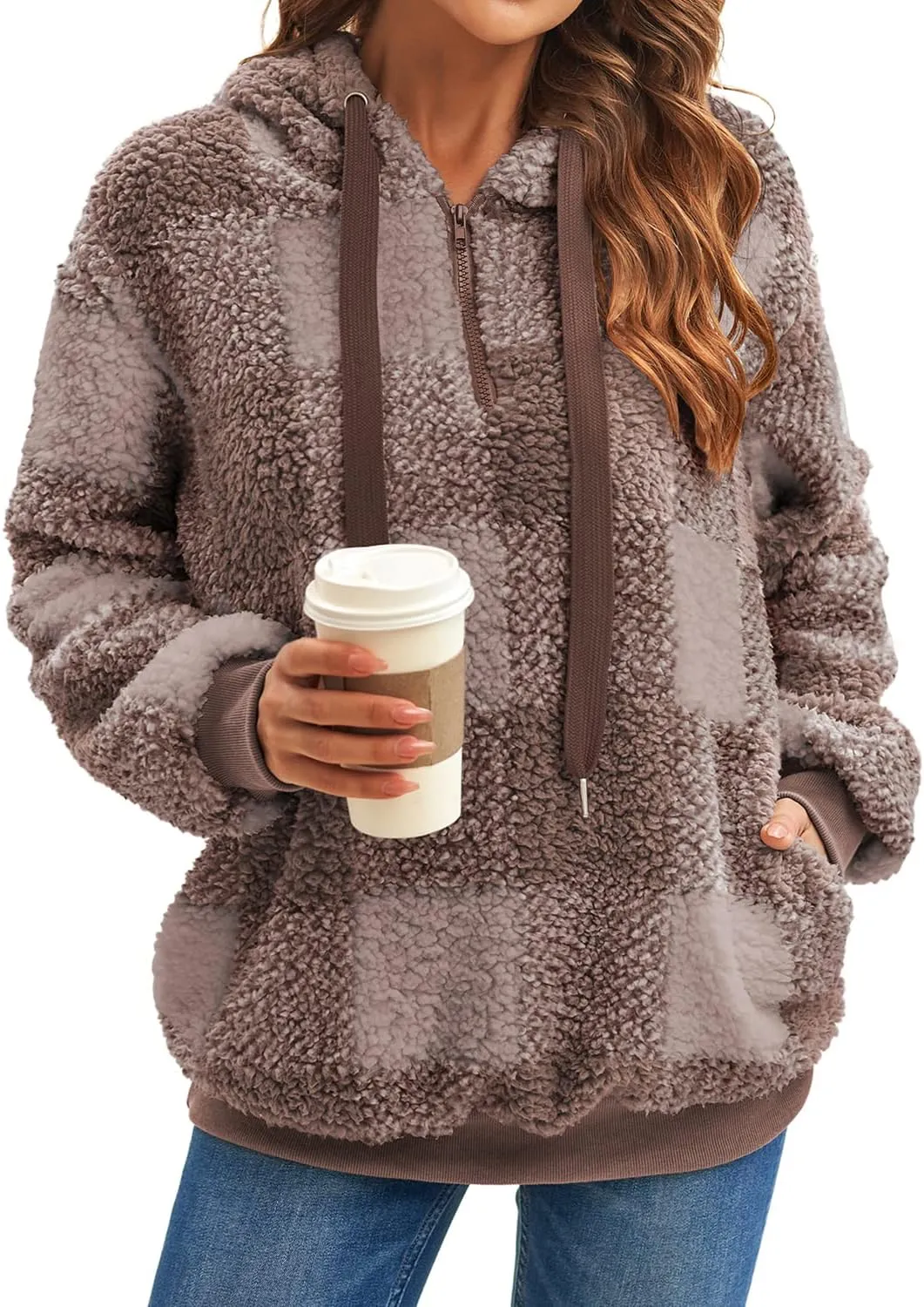 ReachMe Womens Oversized Sherpa Pullover Hoodie with Pockets Fuzzy Fleece Sweatshirt Buffalo Plaid Fluffy Coat