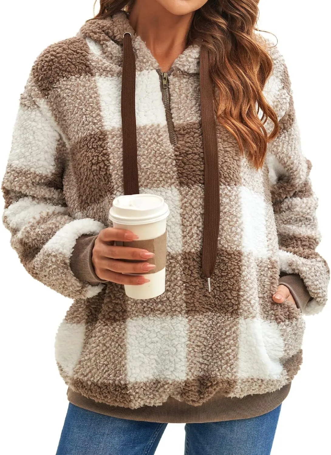 ReachMe Womens Oversized Sherpa Pullover Hoodie with Pockets Fuzzy Fleece Sweatshirt Buffalo Plaid Fluffy Coat