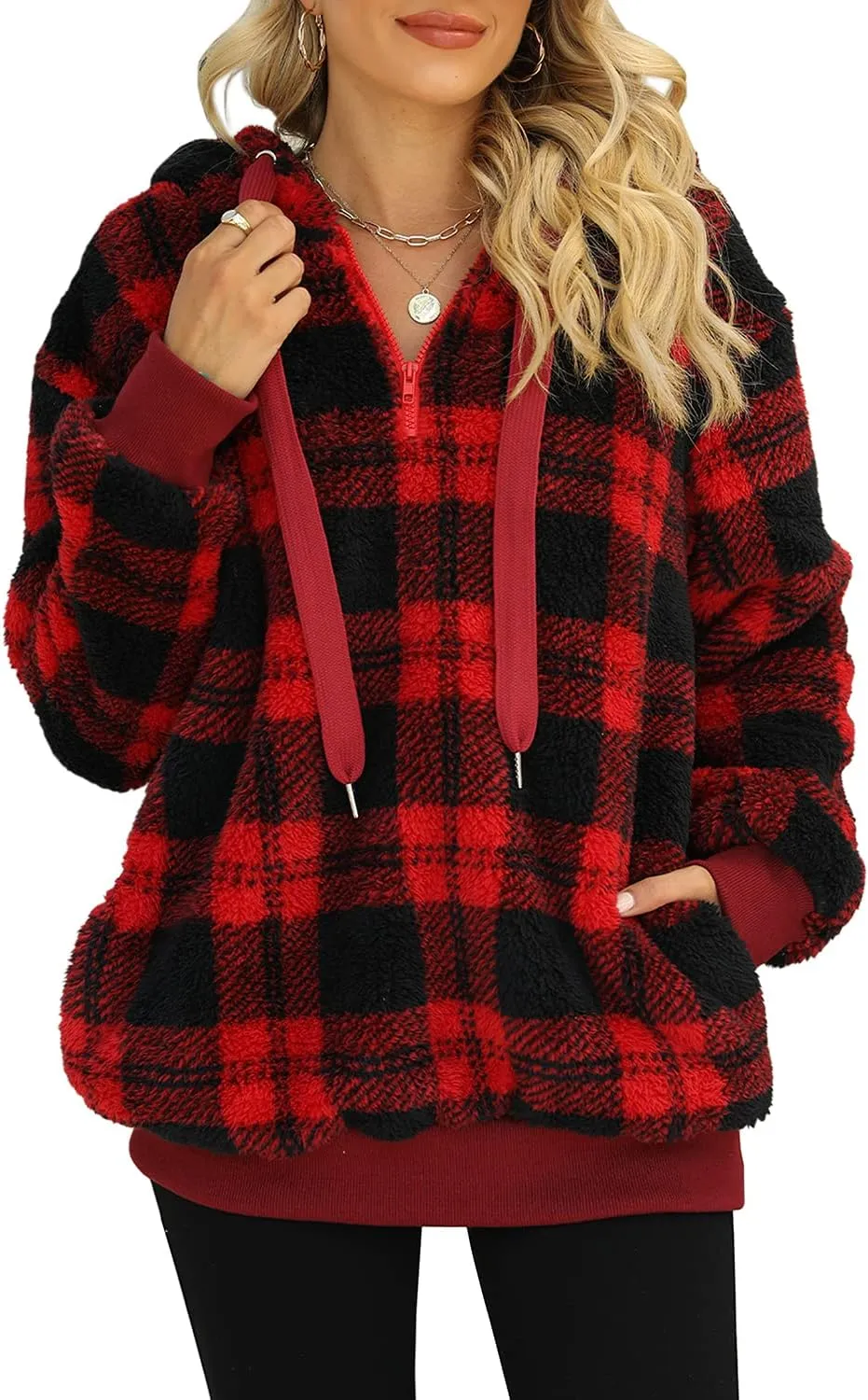 ReachMe Womens Oversized Sherpa Pullover Hoodie with Pockets Fuzzy Fleece Sweatshirt Buffalo Plaid Fluffy Coat