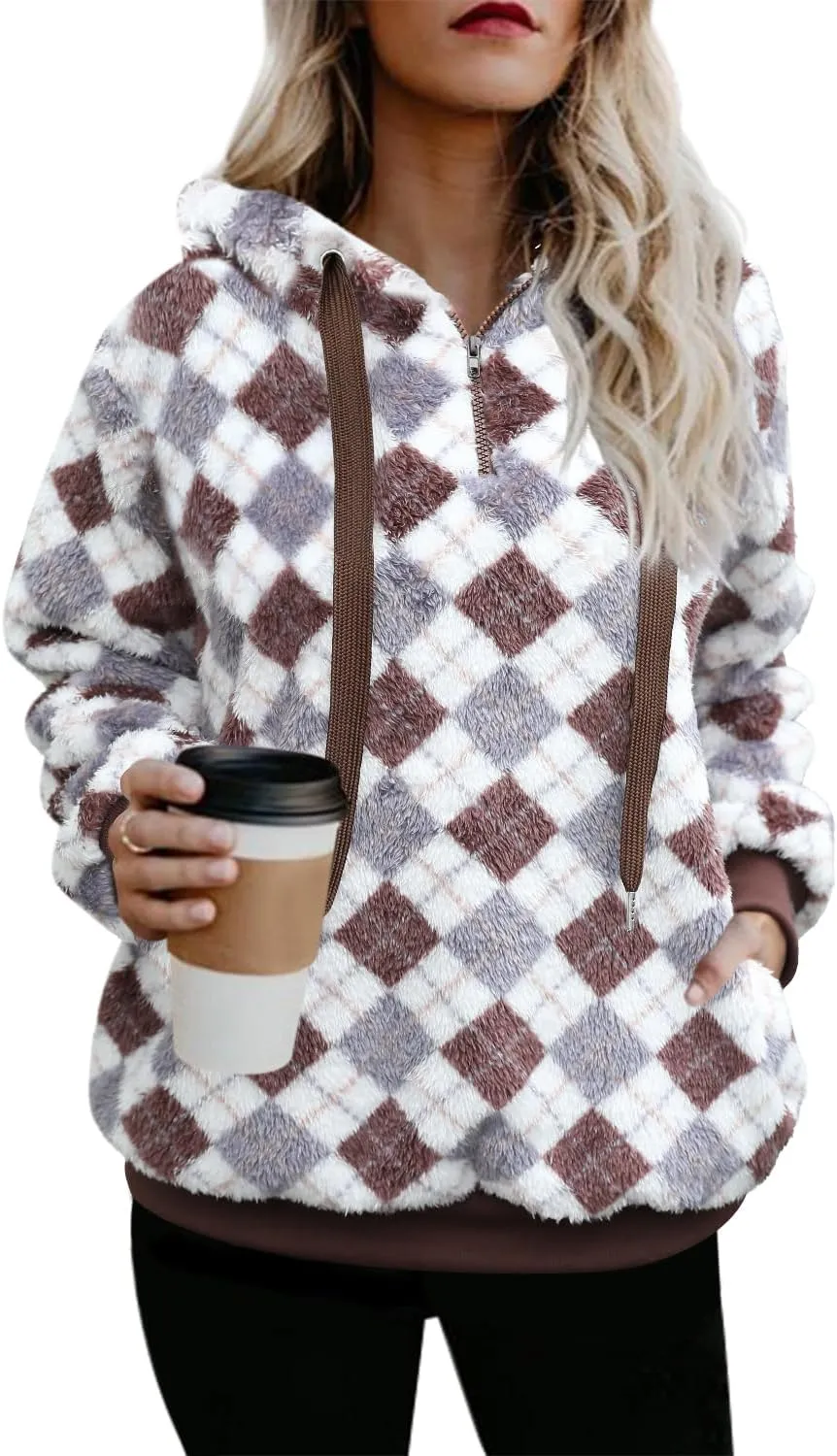 ReachMe Womens Oversized Sherpa Pullover Hoodie with Pockets Fuzzy Fleece Sweatshirt Buffalo Plaid Fluffy Coat