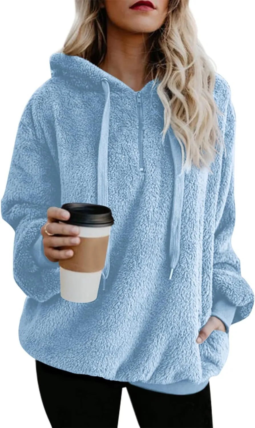 ReachMe Womens Oversized Sherpa Pullover Hoodie with Pockets Fuzzy Fleece Sweatshirt Buffalo Plaid Fluffy Coat