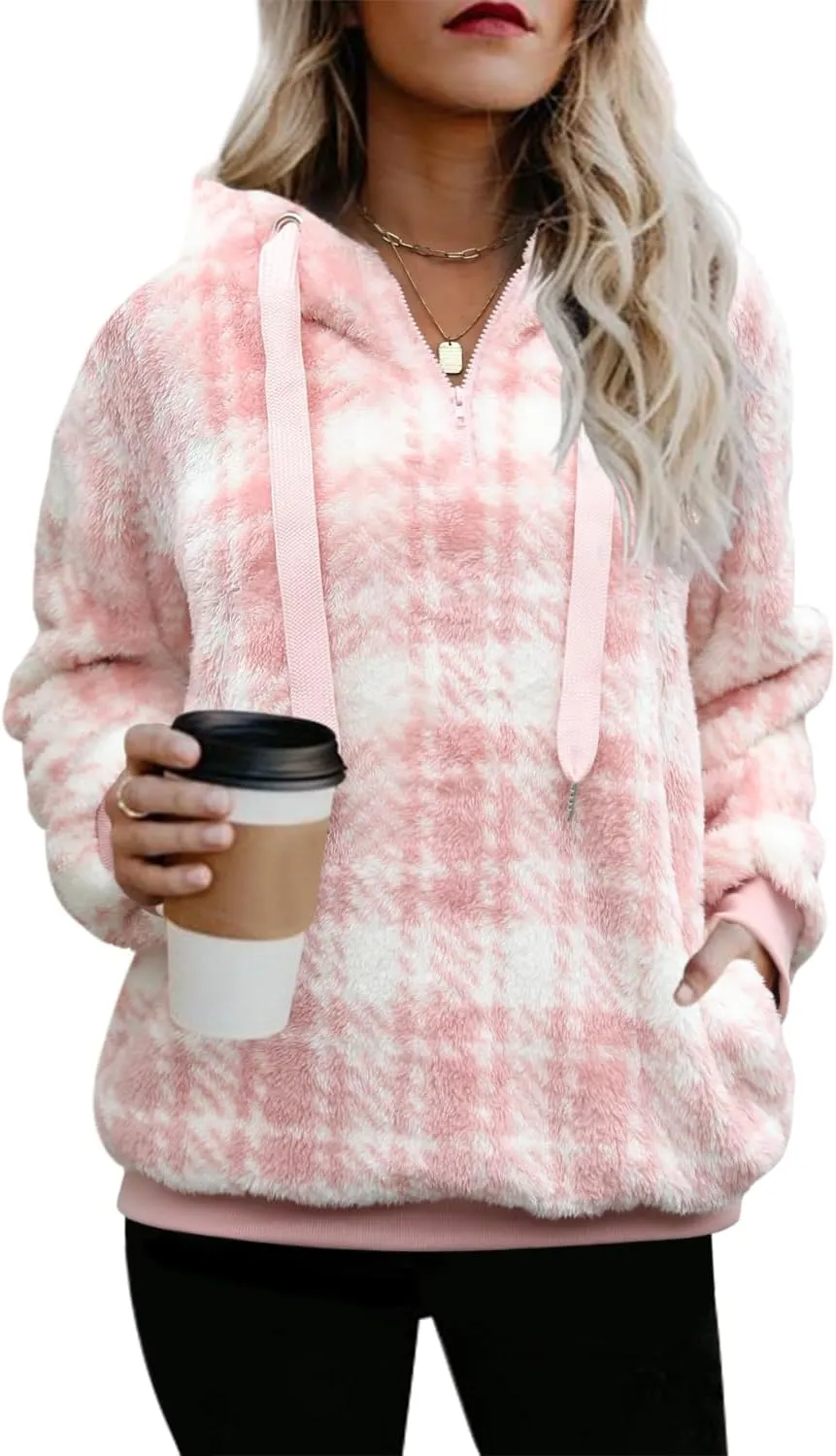 ReachMe Womens Oversized Sherpa Pullover Hoodie with Pockets Fuzzy Fleece Sweatshirt Buffalo Plaid Fluffy Coat