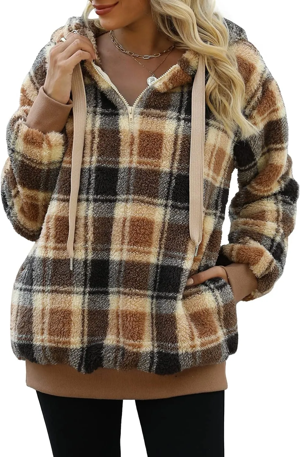 ReachMe Womens Oversized Sherpa Pullover Hoodie with Pockets Fuzzy Fleece Sweatshirt Buffalo Plaid Fluffy Coat