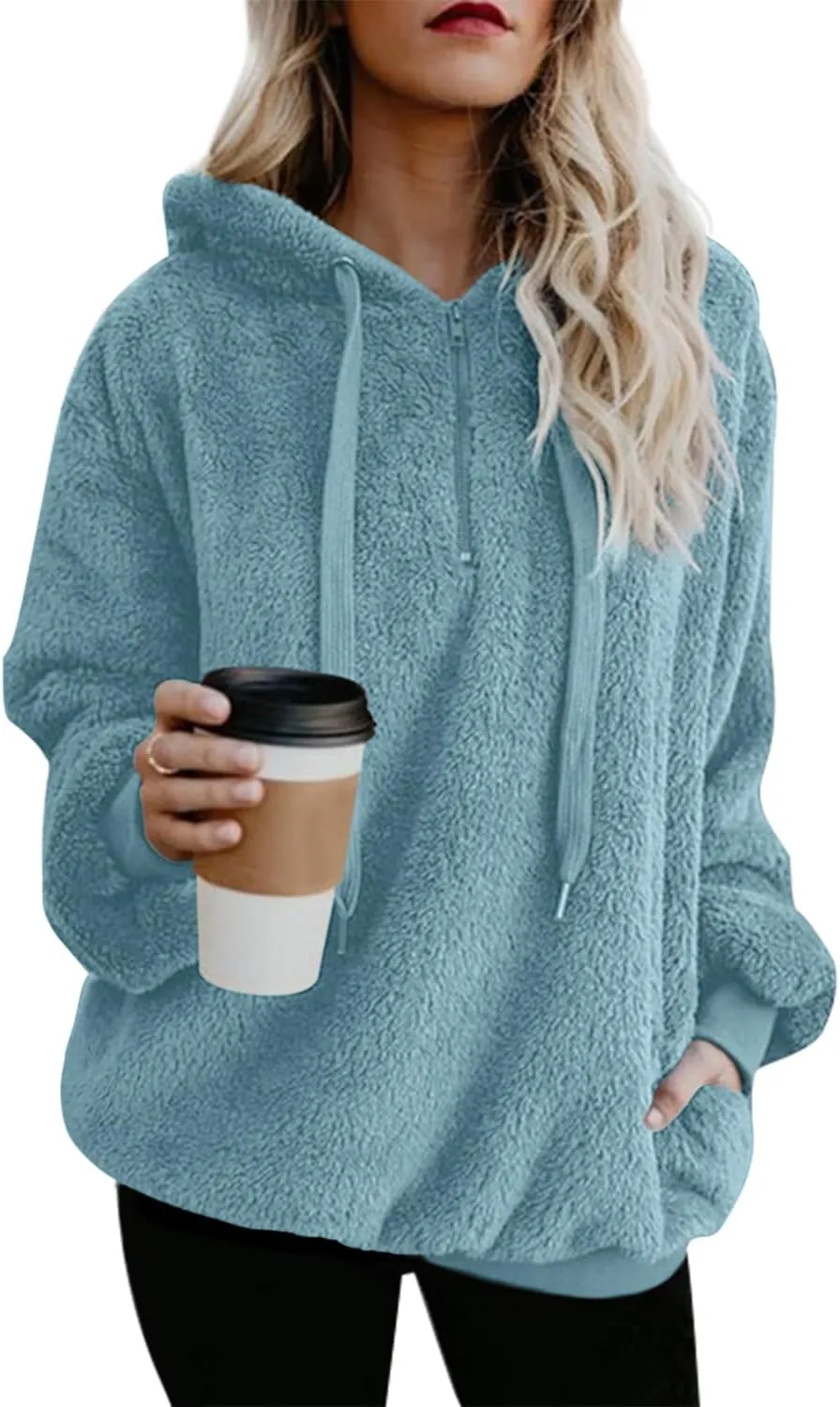 ReachMe Womens Oversized Sherpa Pullover Hoodie with Pockets Fuzzy Fleece Sweatshirt Buffalo Plaid Fluffy Coat