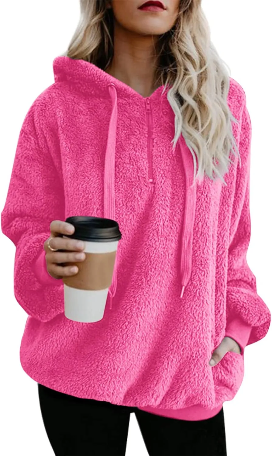 ReachMe Womens Oversized Sherpa Pullover Hoodie with Pockets Fuzzy Fleece Sweatshirt Buffalo Plaid Fluffy Coat