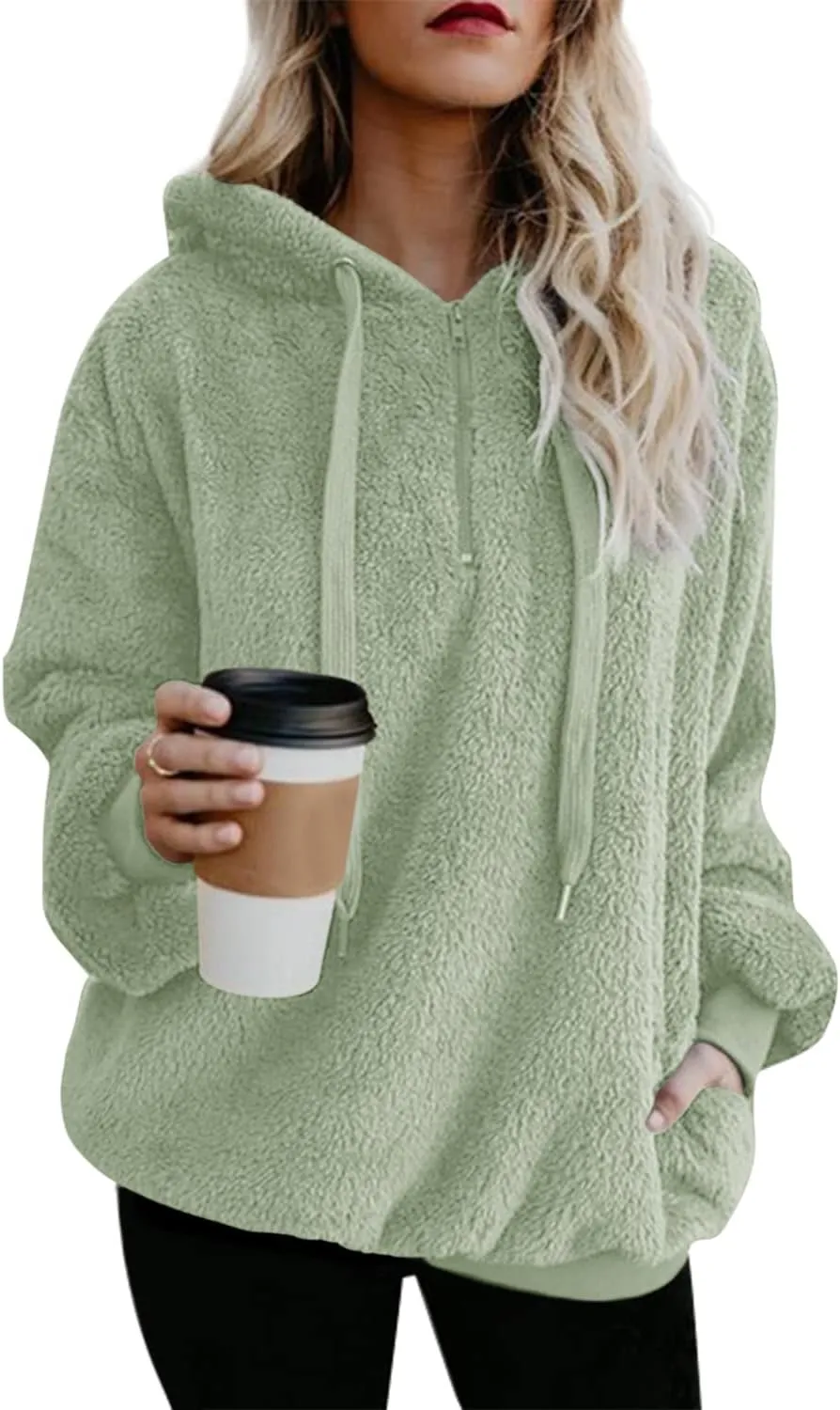 ReachMe Womens Oversized Sherpa Pullover Hoodie with Pockets Fuzzy Fleece Sweatshirt Buffalo Plaid Fluffy Coat