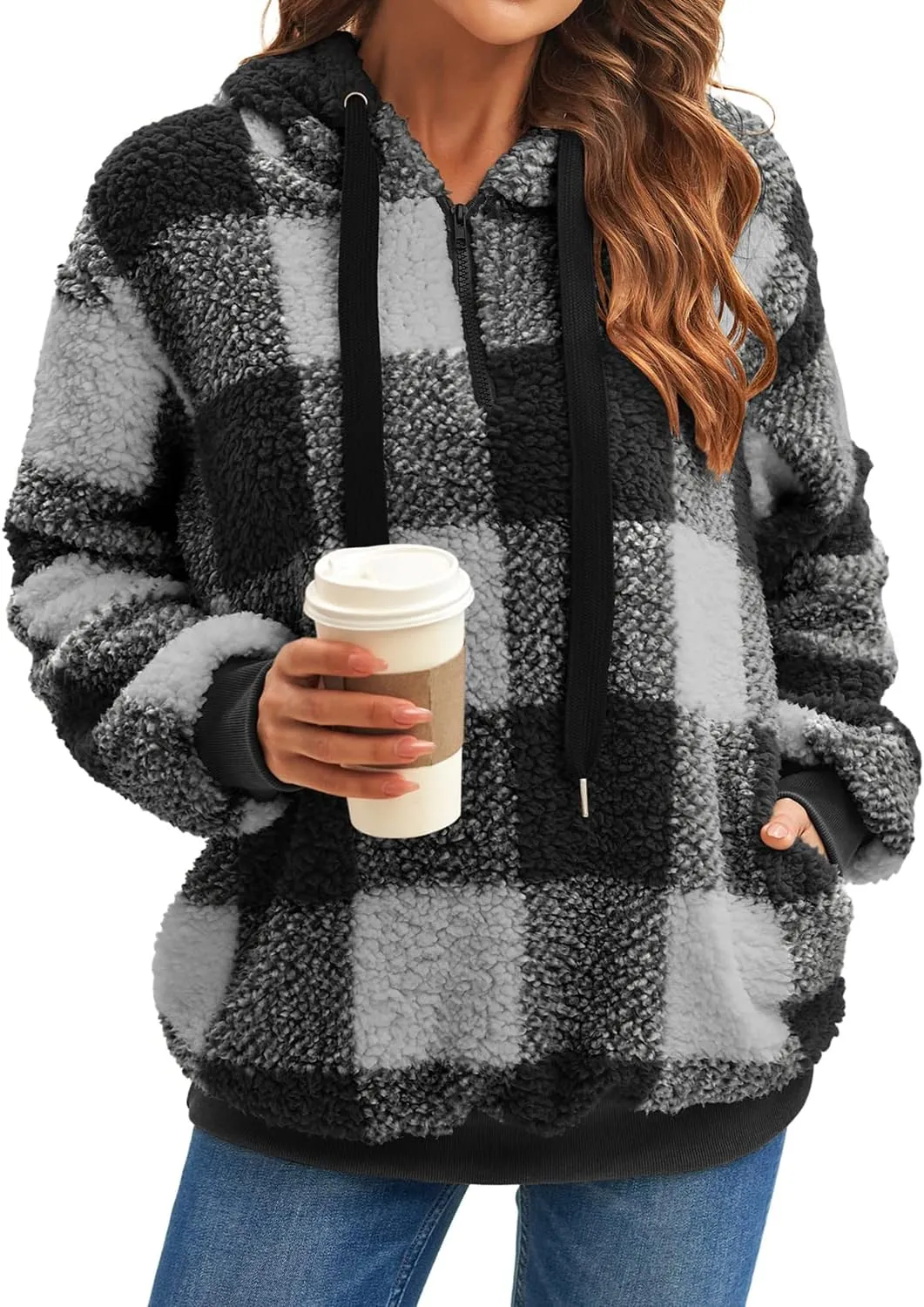 ReachMe Womens Oversized Sherpa Pullover Hoodie with Pockets Fuzzy Fleece Sweatshirt Buffalo Plaid Fluffy Coat