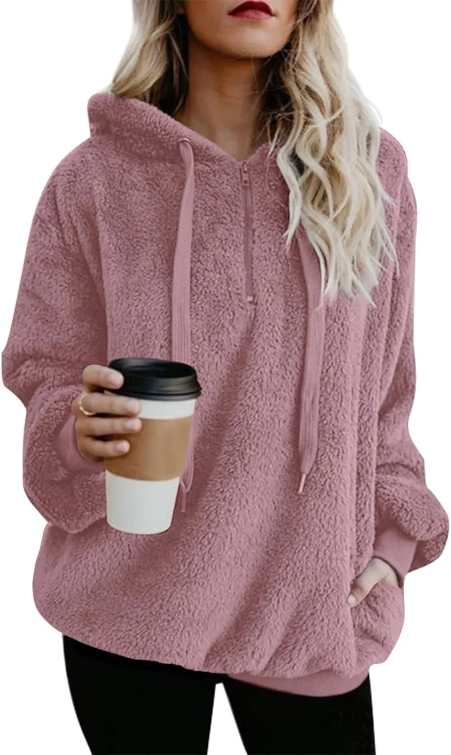 ReachMe Womens Oversized Sherpa Pullover Hoodie with Pockets Fuzzy Fleece Sweatshirt Buffalo Plaid Fluffy Coat