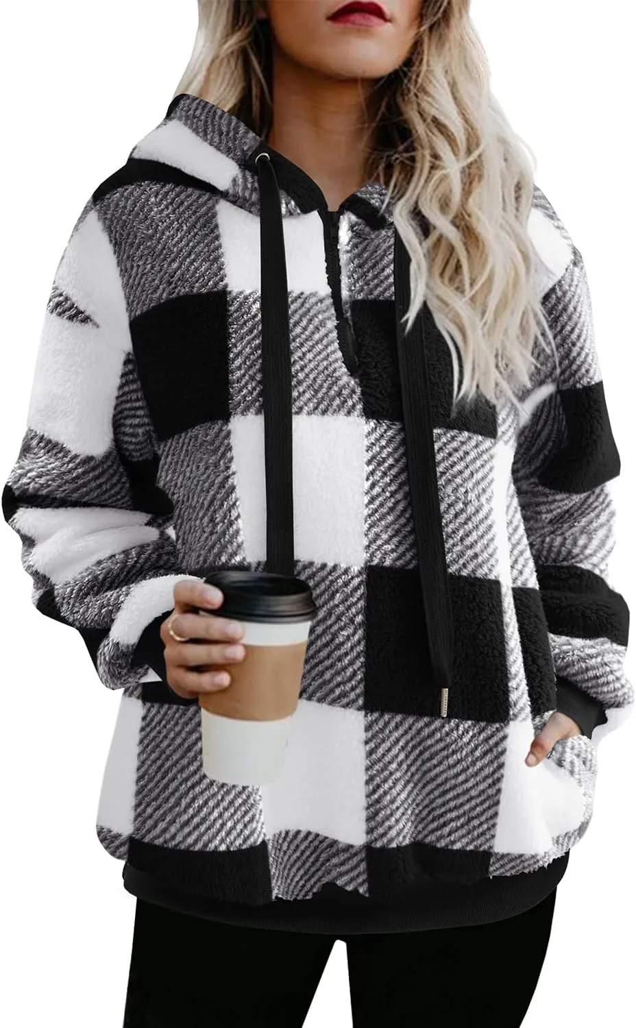 ReachMe Womens Oversized Sherpa Pullover Hoodie with Pockets Fuzzy Fleece Sweatshirt Buffalo Plaid Fluffy Coat