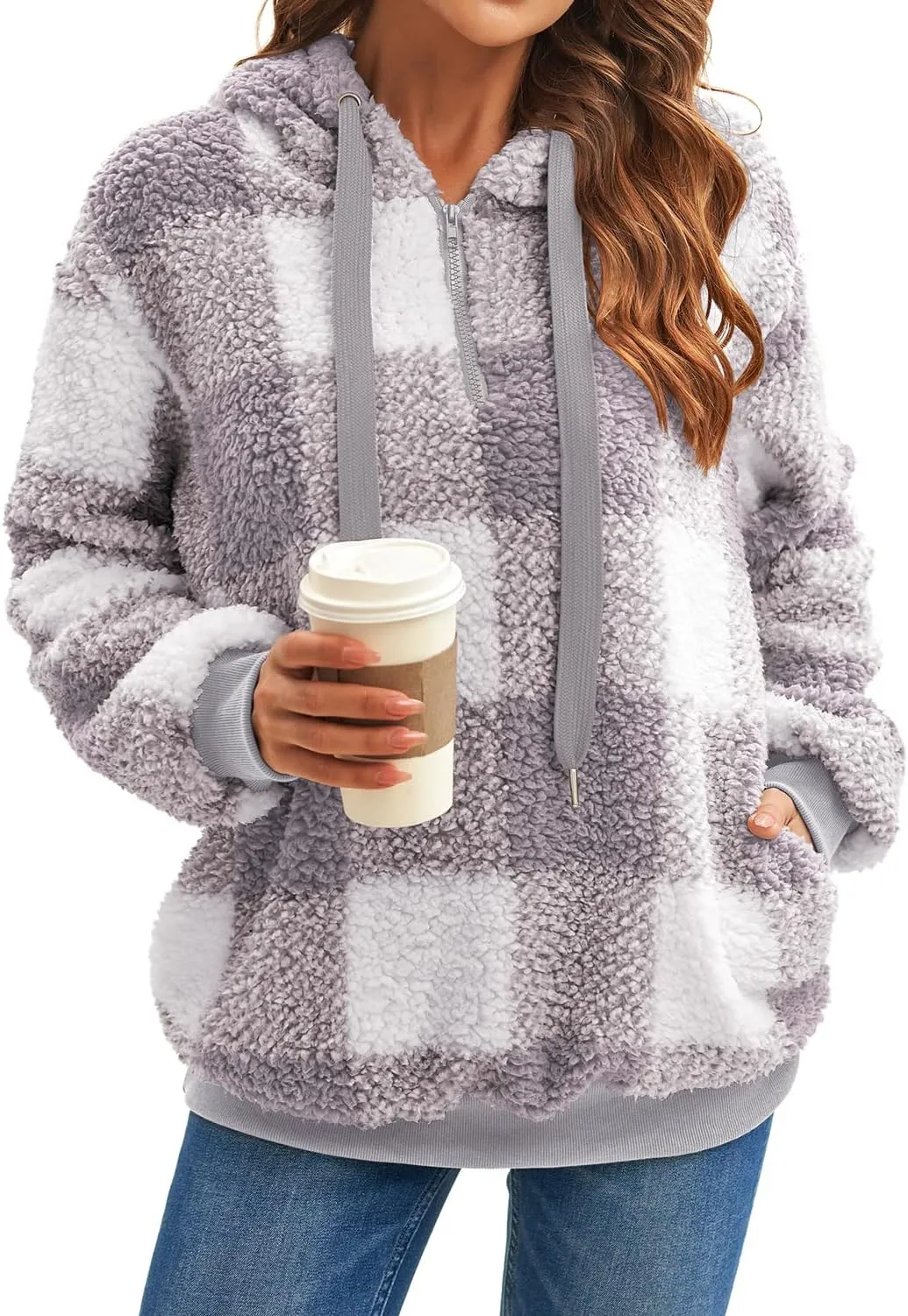 ReachMe Womens Oversized Sherpa Pullover Hoodie with Pockets Fuzzy Fleece Sweatshirt Buffalo Plaid Fluffy Coat