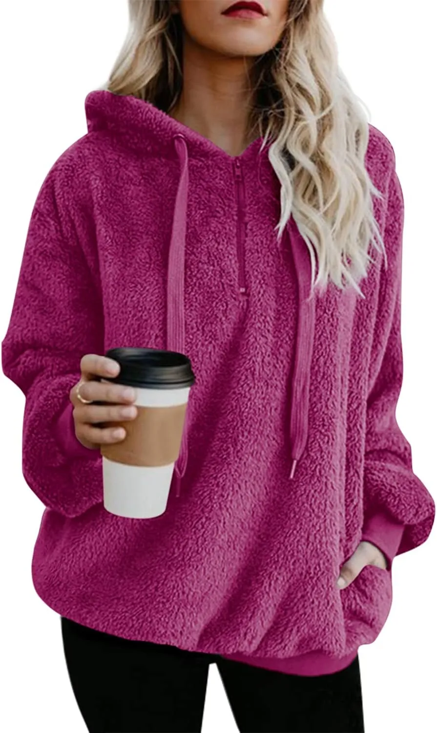 ReachMe Womens Oversized Sherpa Pullover Hoodie with Pockets Fuzzy Fleece Sweatshirt Buffalo Plaid Fluffy Coat