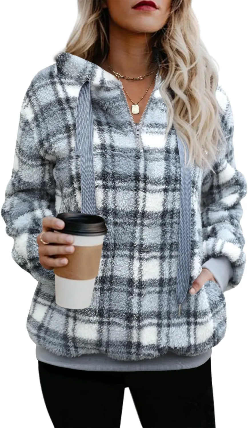 ReachMe Womens Oversized Sherpa Pullover Hoodie with Pockets Fuzzy Fleece Sweatshirt Buffalo Plaid Fluffy Coat