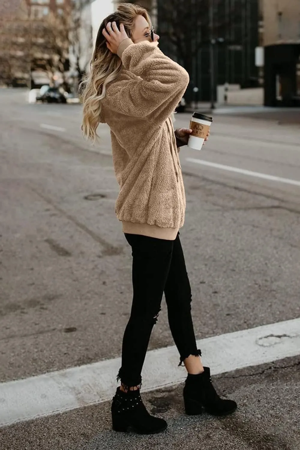 ReachMe Womens Oversized Sherpa Pullover Hoodie with Pockets Fuzzy Fleece Sweatshirt Buffalo Plaid Fluffy Coat
