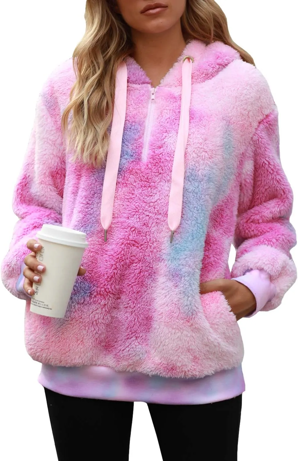 ReachMe Womens Oversized Sherpa Pullover Hoodie with Pockets Fuzzy Fleece Sweatshirt Buffalo Plaid Fluffy Coat