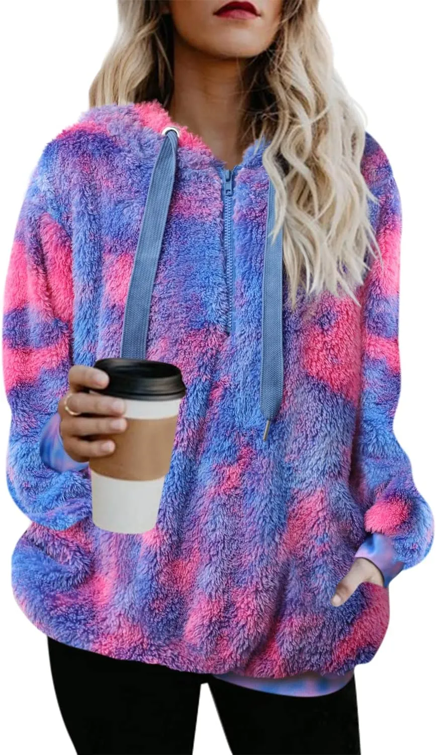 ReachMe Womens Oversized Sherpa Pullover Hoodie with Pockets Fuzzy Fleece Sweatshirt Buffalo Plaid Fluffy Coat