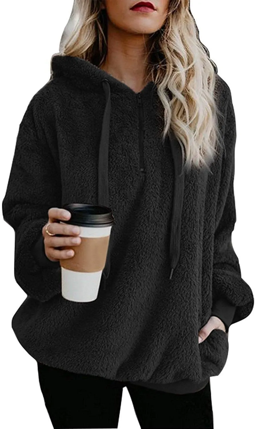 ReachMe Womens Oversized Sherpa Pullover Hoodie with Pockets Fuzzy Fleece Sweatshirt Buffalo Plaid Fluffy Coat