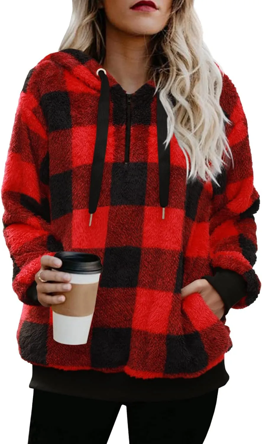 ReachMe Womens Oversized Sherpa Pullover Hoodie with Pockets Fuzzy Fleece Sweatshirt Buffalo Plaid Fluffy Coat
