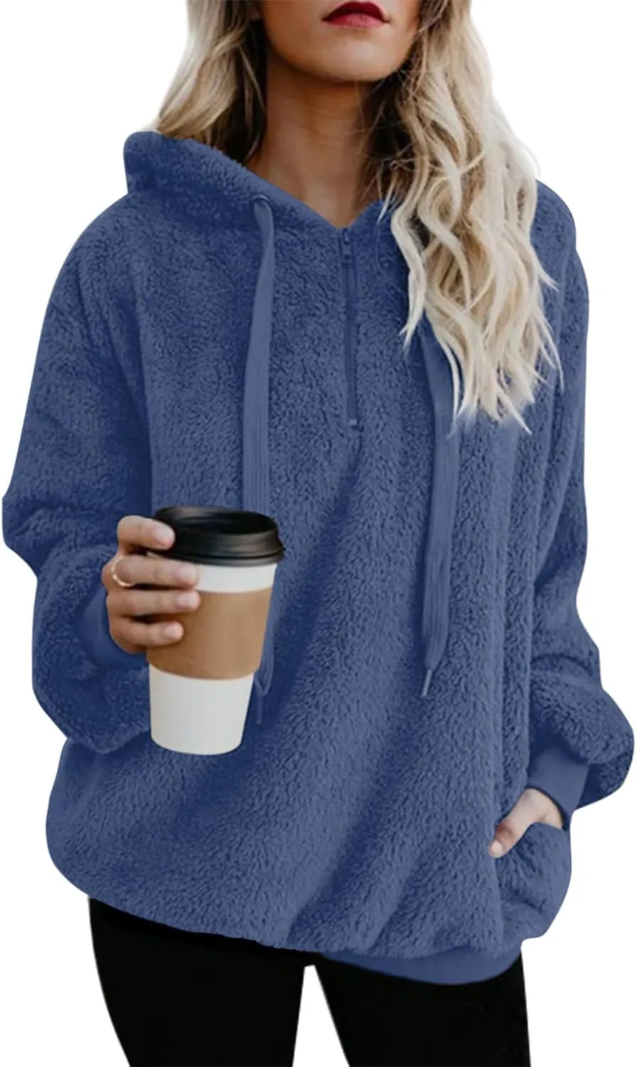 ReachMe Womens Oversized Sherpa Pullover Hoodie with Pockets Fuzzy Fleece Sweatshirt Buffalo Plaid Fluffy Coat