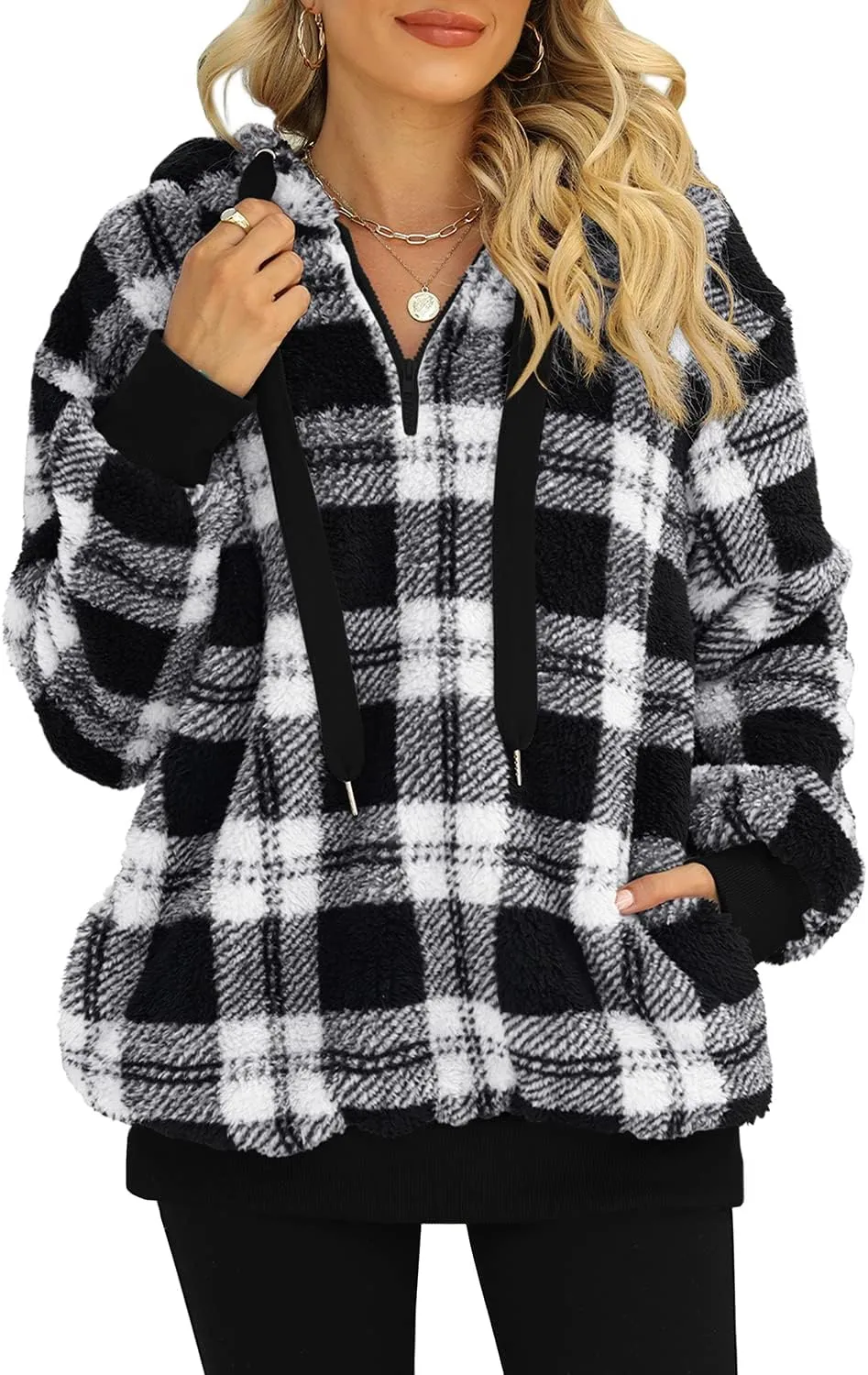 ReachMe Womens Oversized Sherpa Pullover Hoodie with Pockets Fuzzy Fleece Sweatshirt Buffalo Plaid Fluffy Coat
