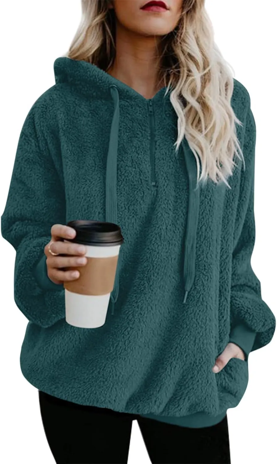 ReachMe Womens Oversized Sherpa Pullover Hoodie with Pockets Fuzzy Fleece Sweatshirt Buffalo Plaid Fluffy Coat