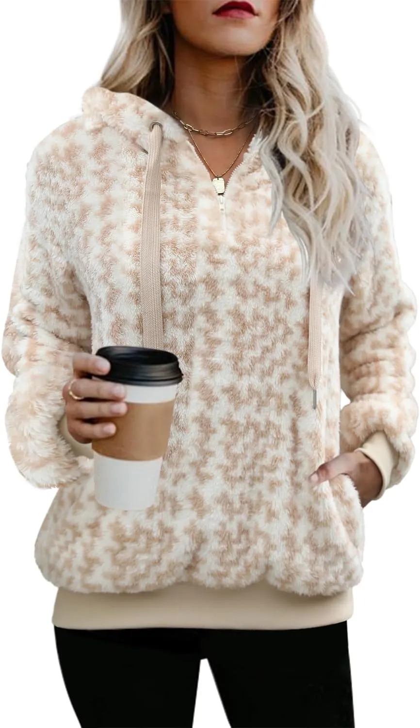 ReachMe Womens Oversized Sherpa Pullover Hoodie with Pockets Fuzzy Fleece Sweatshirt Buffalo Plaid Fluffy Coat