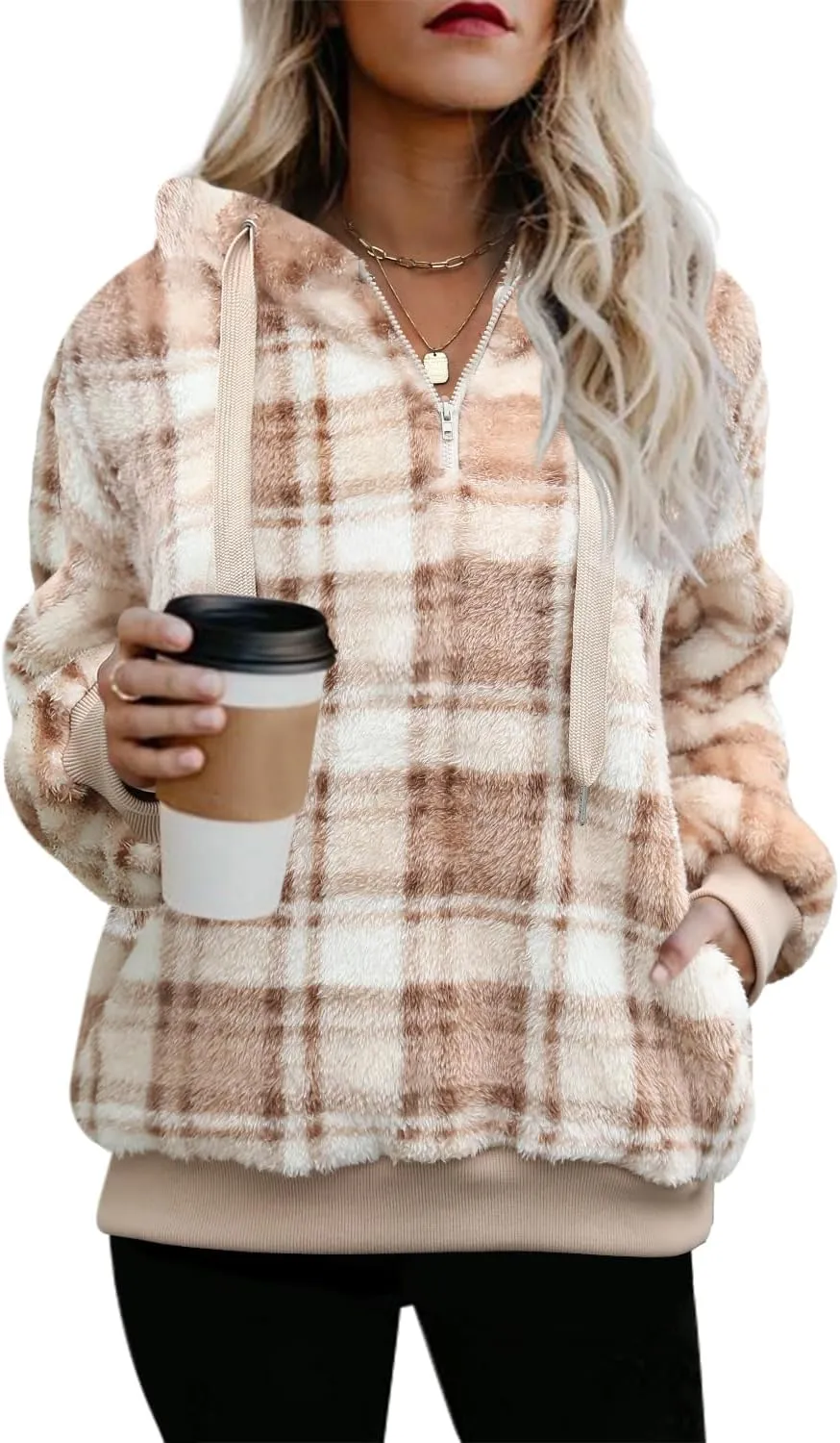 ReachMe Womens Oversized Sherpa Pullover Hoodie with Pockets Fuzzy Fleece Sweatshirt Buffalo Plaid Fluffy Coat