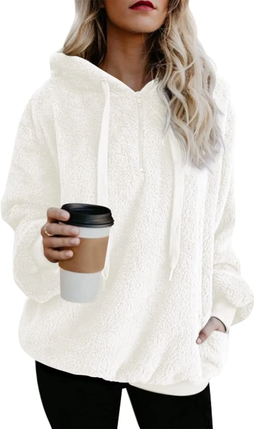 ReachMe Womens Oversized Sherpa Pullover Hoodie with Pockets Fuzzy Fleece Sweatshirt Buffalo Plaid Fluffy Coat