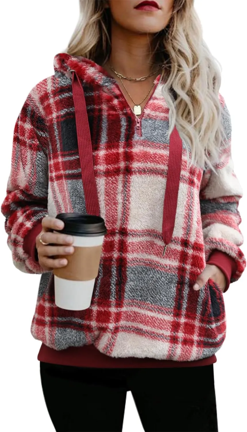 ReachMe Womens Oversized Sherpa Pullover Hoodie with Pockets Fuzzy Fleece Sweatshirt Buffalo Plaid Fluffy Coat
