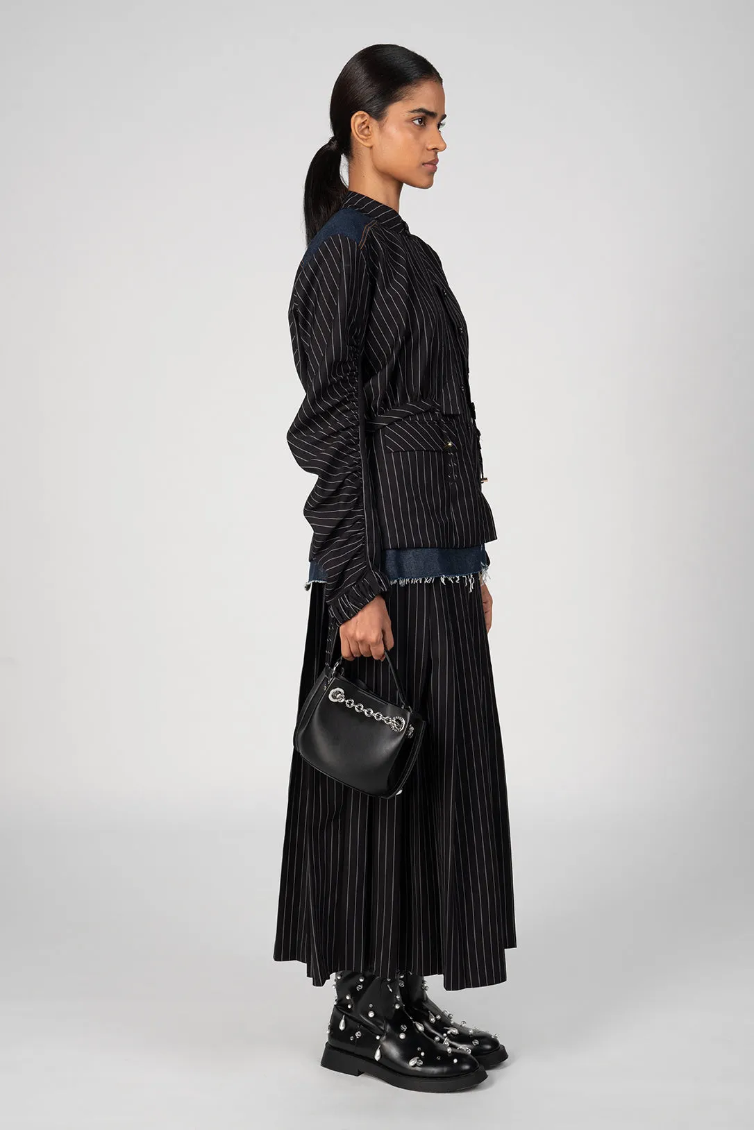 Sable pinstripe denim pleated skirt