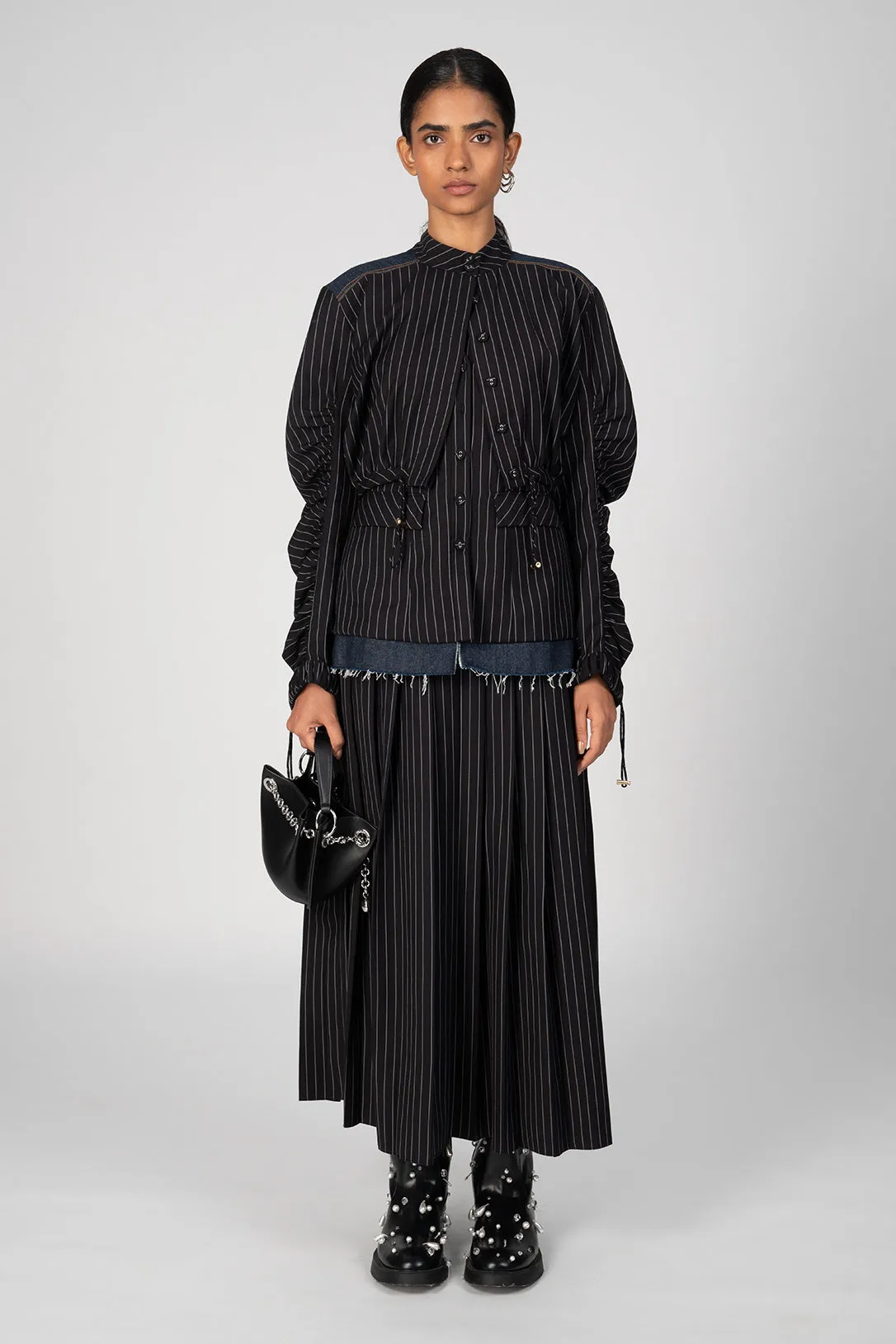 Sable pinstripe denim pleated skirt