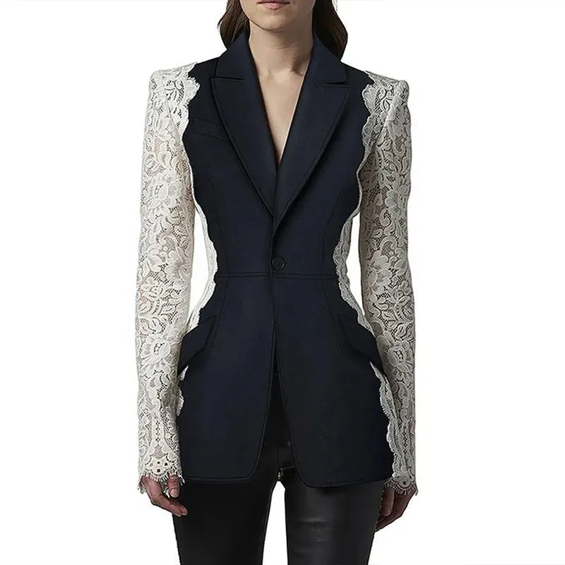 Trend4us White Lace-Trimmed Black Blazer