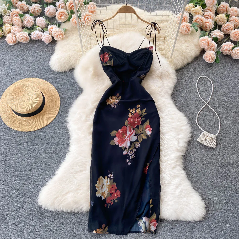 Vintage Floral Printed Black Chiffon Dress