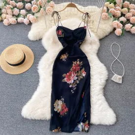 Vintage Floral Printed Black Chiffon Dress