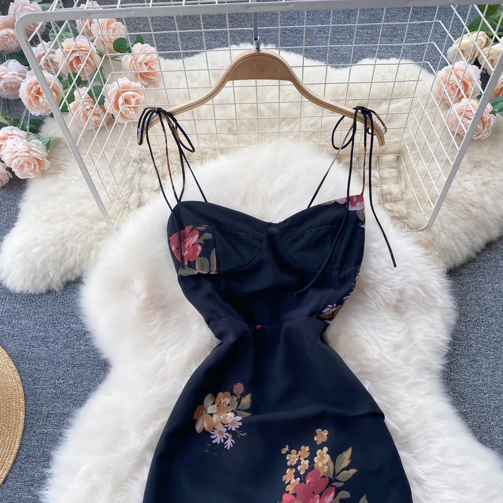 Vintage Floral Printed Black Chiffon Dress