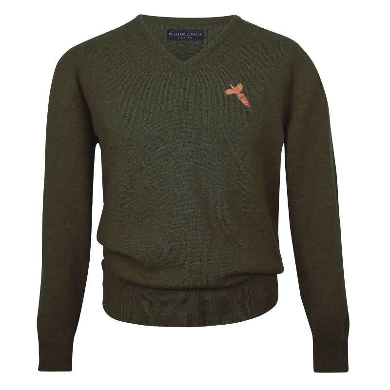 William Powell Lambswool Easy Care V-Neck Pheasant Jumper - Seaweed