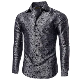 YourTies Long Sleeve Shirts Black Top Silver Jacquard Paisley Shirt